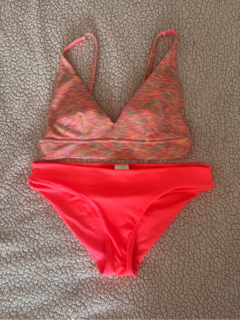 Multicolor Striped Triangle Bikini Top with Neon Coral Bottom